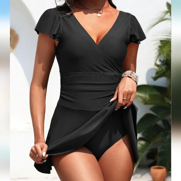 AQUA EVE Elegant Black Ruffle Sleeve Swimdress - Picture 4 of 7